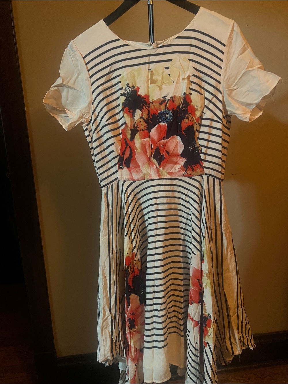 Anthropologie White Black Striped Dress with Orange Floral Panels